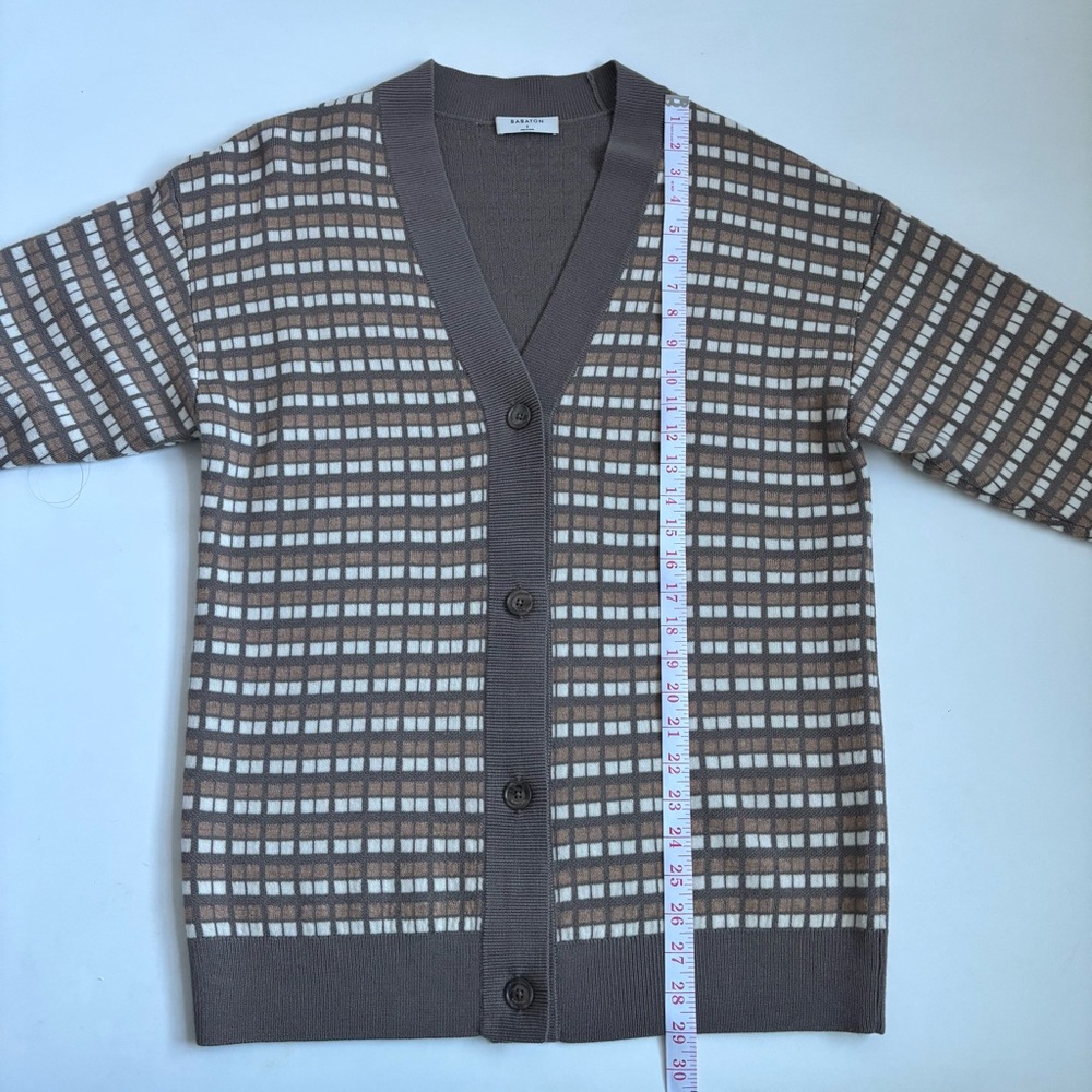 Aritzia Babaton Lacer Merino Wool Cardigan Sweater Brown White Checkered Small - Picture 15 of 17